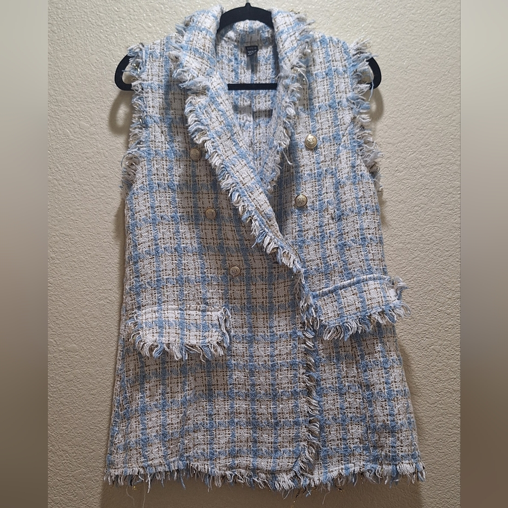 SHEIN Blue and White Woven Sleeveless Blazer